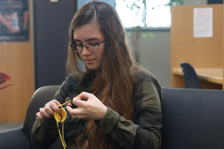 Sitting in the library, senior Joan Downey crochets a bumblebee. She will be selling them during Relay for Life as a way to raise money. Last semester she spent a lot of time crocheting in the library because she was the teacher assistant for Mr. Shelley.