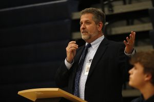 Frank Harwood addresses students at a pep assembly. Harwood outlined the districts Coming Back Together plan for school reopenings at the board meeting Monday, July 13 2020. 