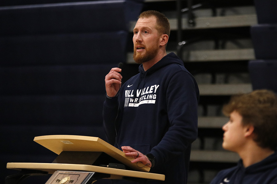 During his speech assistant wrestling coach Drew Hudgins congratulates the wrestling team and head coach Travis Keel for their tremendous season.