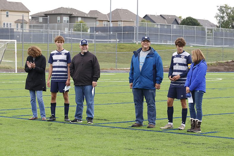 The varsity seniors were recognized at senior night on Thursday, Sept. 10. The boys walked down the field with coach Arlan Vomhof to stand with their parents on the edge of the field.