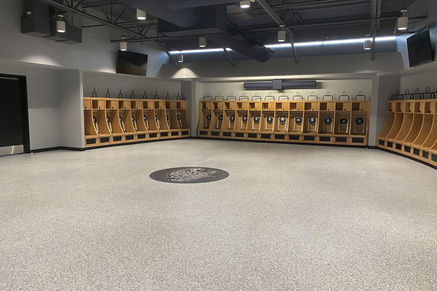 In the new field house, the varsity football locker room is very open.