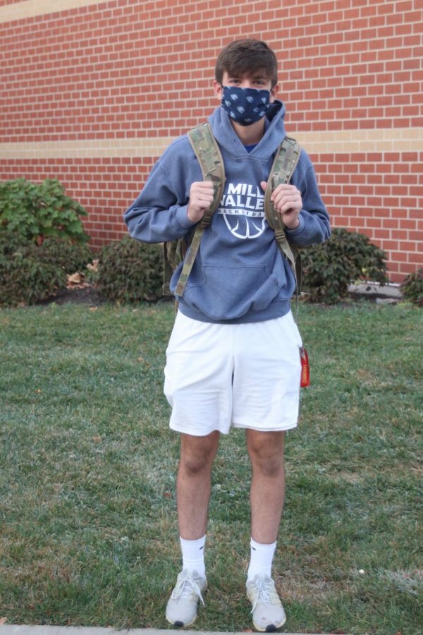 Pictured in his Mill Valley mask and soccer hoodie is junior Nick Brubeck.