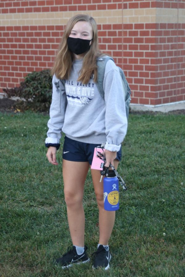 Outside Mill Valley is Alexis Shults in her Mill Valley swim and dive sweatshirt.