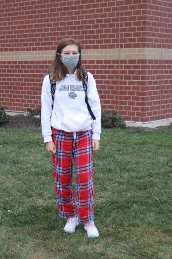 In her plaid PJs is freshman Kate Helm.
