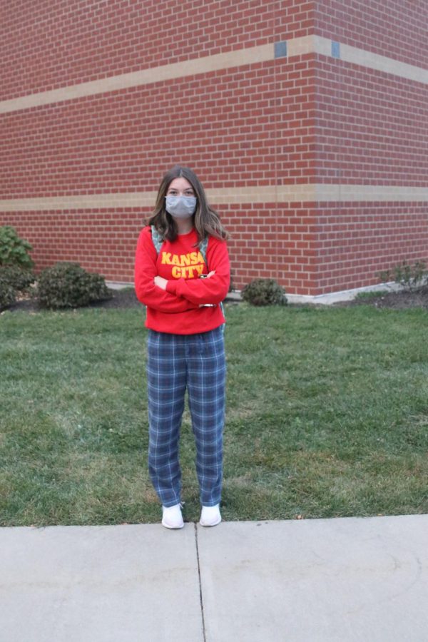 Bringing her MV spirit to school in her PJs sophomore Grace Brookshire poses outside MV.