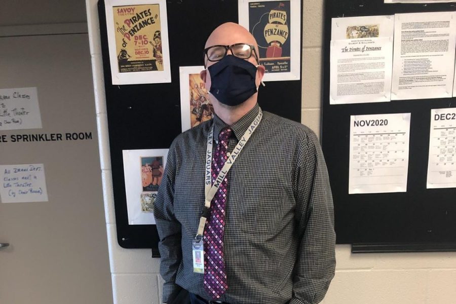 Drama teacher Jon Copeland stands outside of his classroom for a picture. The COVID-19 restrictions are taking a toll in the theatre department with social distancing guidelines forcing his classes to be less hands-on than usual this year.