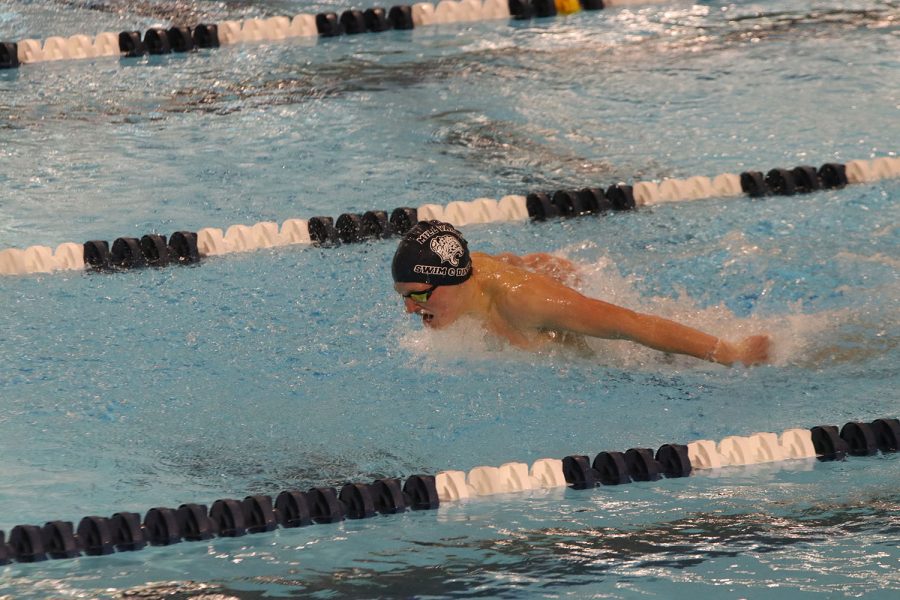 Gasping for a quick breath of air, sophomore Anthony Molinaro competes in the 100-yard butterfly. 