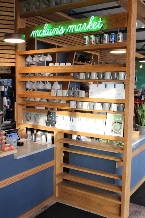 The McLain’s Market shelf offers items such as mugs for customers to show their loyalty.
