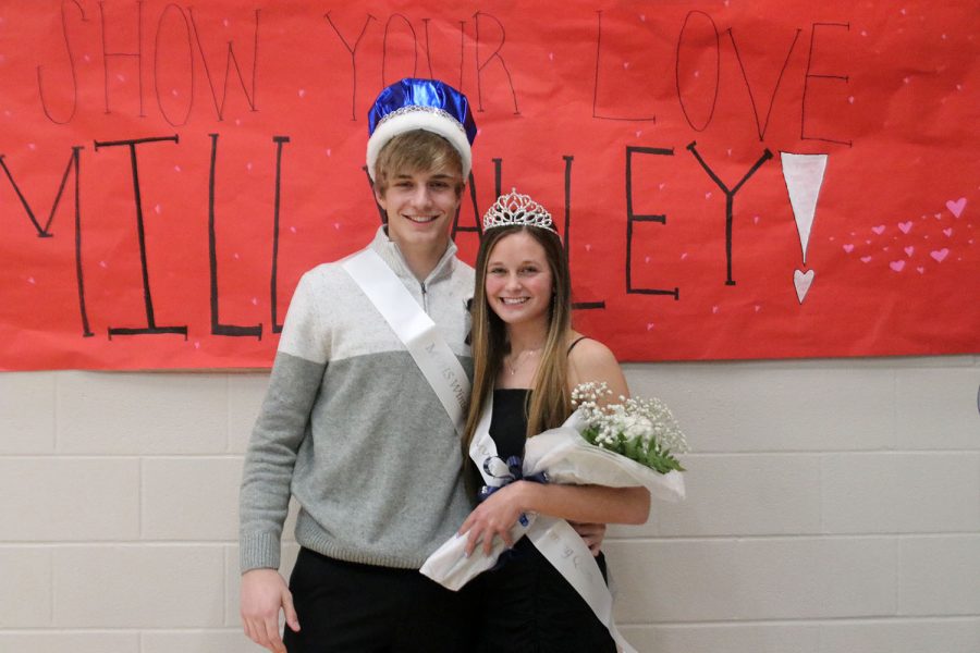 After being announced winter homecoming king and queen, seniors Chris Tennant and Jaden Ravnsborg smile at the camera Friday, Feb. 5.