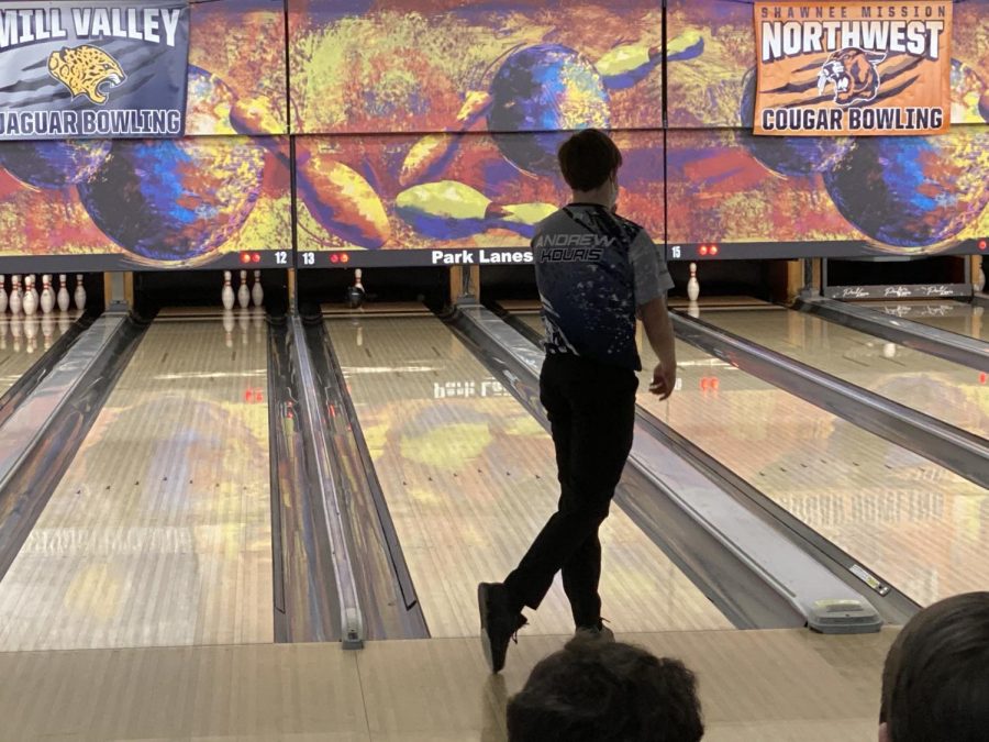 Still in throwing pose, freshman Andrew Kouris was able to hits the last pin standing, securing a spare.