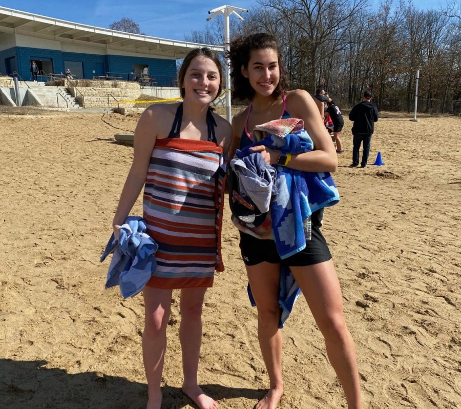 Ready to go, seniors Nicole Crist and Kinley Drummond pose for one more picture before getting into the lake to raise money for the Special Olympics.
