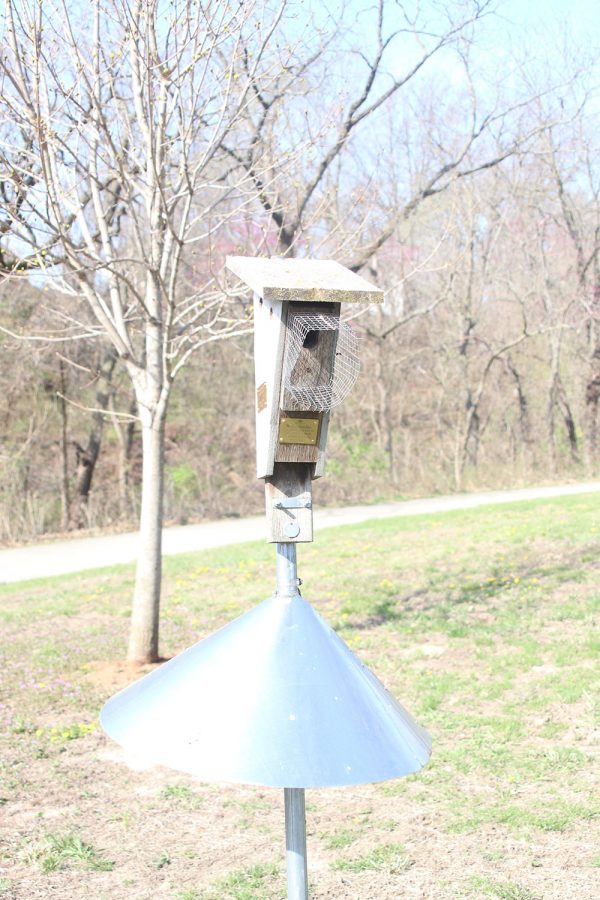 A birdhouse located at Gamblin Park is near the playground. 
