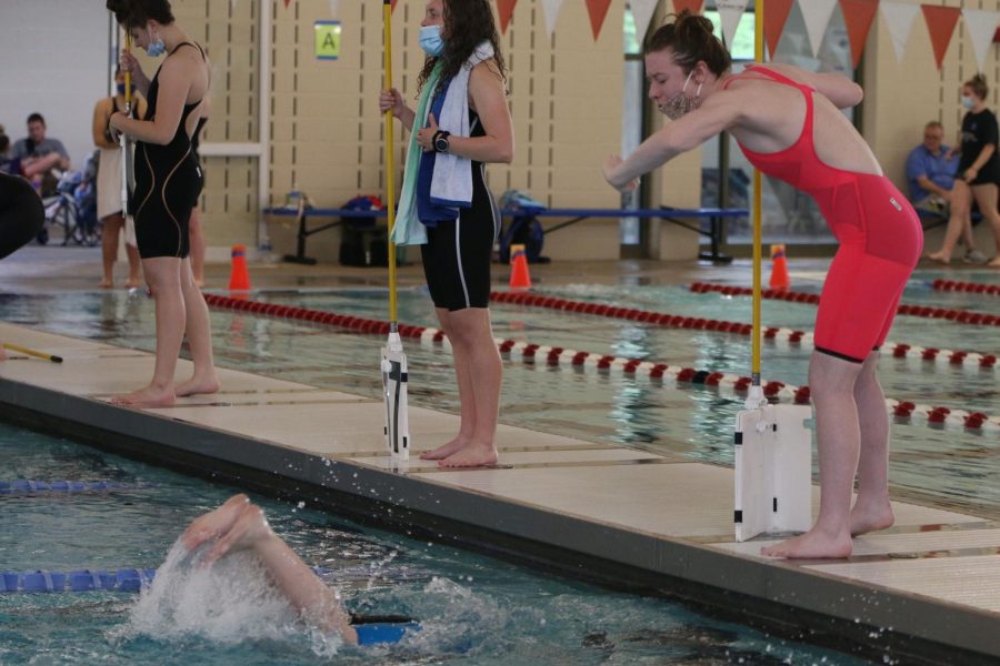 While counting laps, senior Cali Rhodes encourages her teammate sophomore Suzette Donovan as she competes in the 500-yard freestyle.