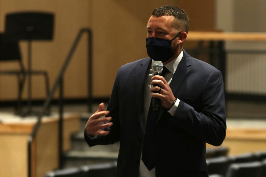 New athletic director Brent Bechard shares some goals with the Mill Valley staff Wednesday, May 5. Bechard will take over for outgoing athletic director Jerald VanRheen.
