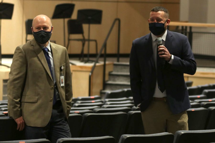 District secondary human resources director Brain Schwanz introduces the schools new athletic director Brent Bechard to the Mill Valley staff Wednesday, May 5.
