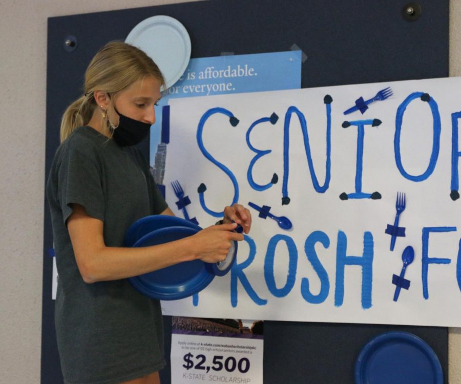 Unwinding the tape, senior Bridget Roy tapes blue plates to the wall. 
