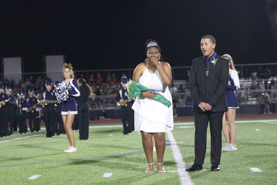 Filled with shock, senior Hannah Hunter shows her surprise as she is crowned Homecoming queen.