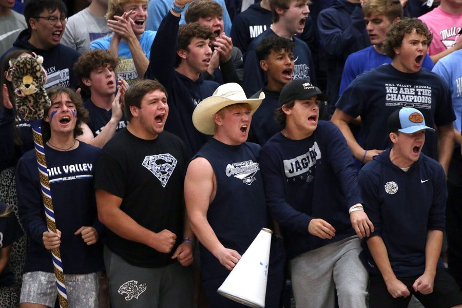 In the crowd, students cheer as the team scores a point.
