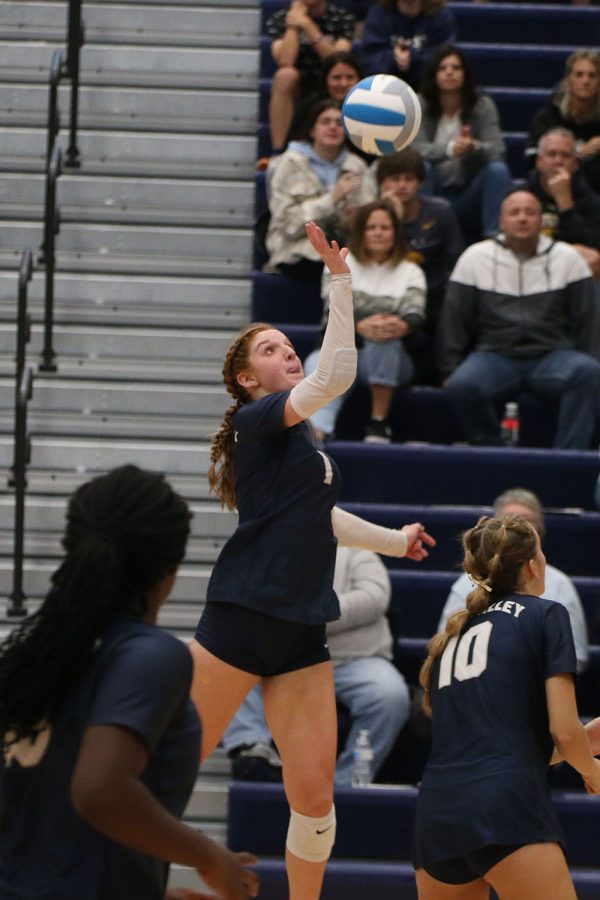 Jumping up, senior Brylee Peterson reaches out to hit the ball while in the air.