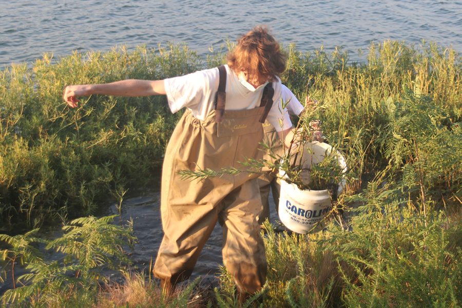 With their bucket in hand, senior Jack Brown climbs from the water onto the grass.