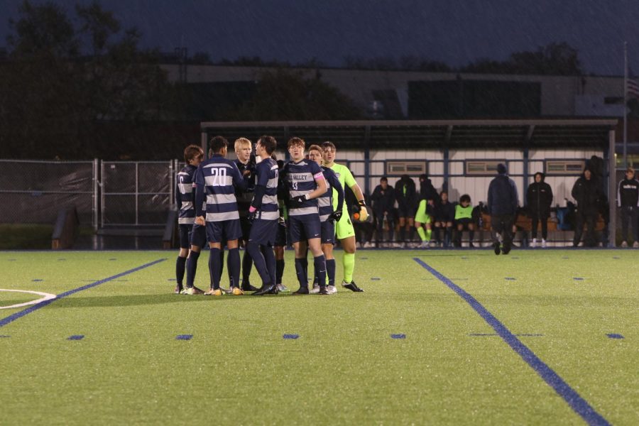 The Varsity Team huddes up before kick off on Thursday Oct. 28 for their game against De Soto. 
