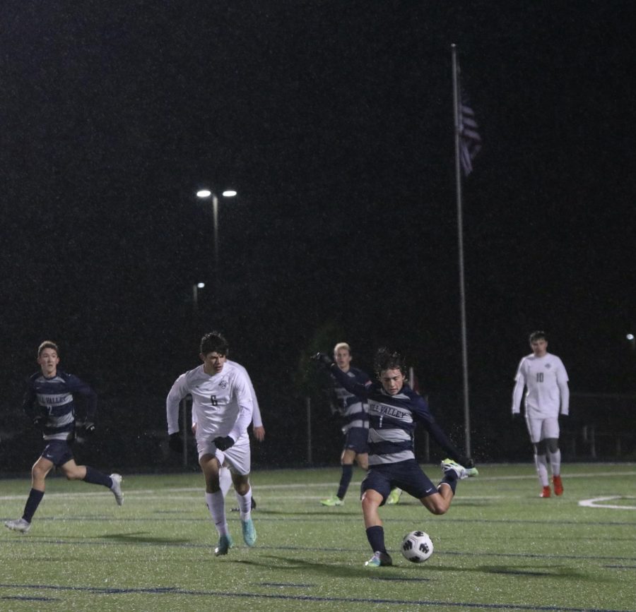 As the game starts, sophomore Kael Drummond kicks the ball.