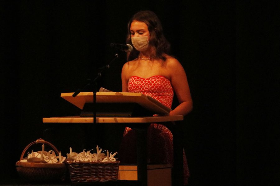 Senior Shelby Easum tells her speech to the audience about one of the NHS pillars.