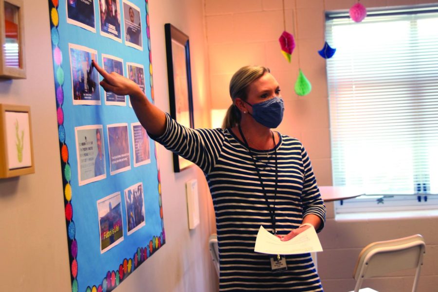 Presenting her seminar students with a meme from the show “Ted Lasso” on Monday, Sept. 27, Spanish teacher Siri Campbell highlights different aspects of the emotional process during one of the new social-emotional lessons.