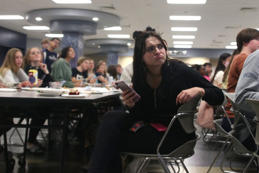 With a confused look on her face, senior Caroline Schmidt answers a Kahoot question.