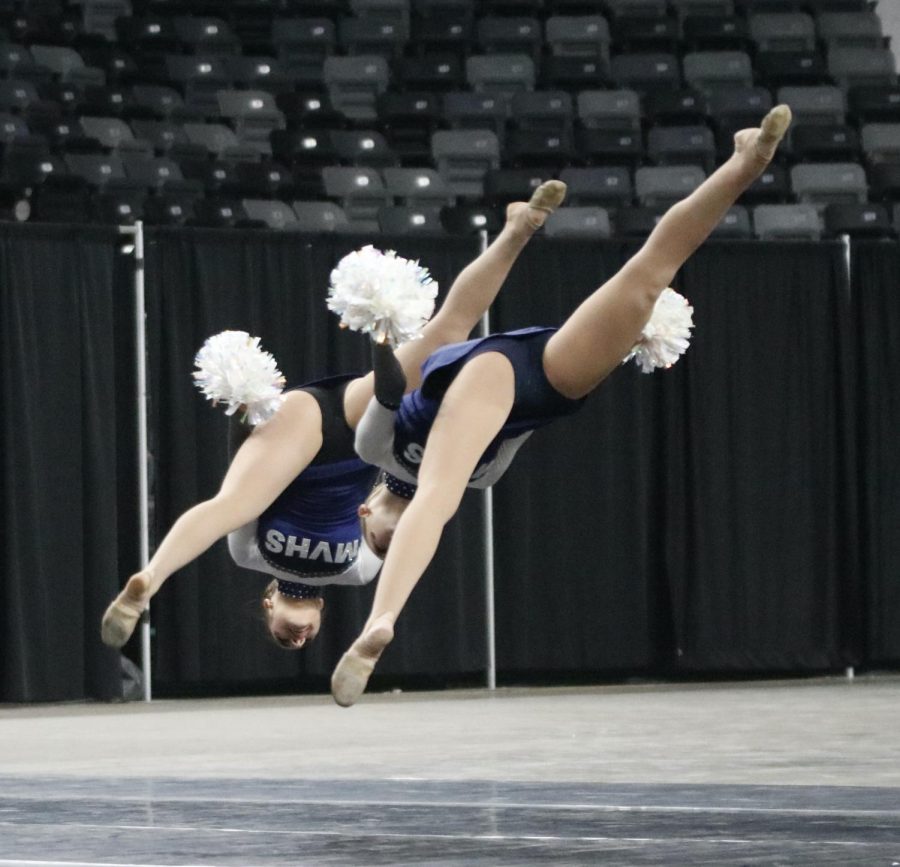 Flipping in sync, senior Anna Brazil and sophomore Alli Gervais complete their aerials together. 
