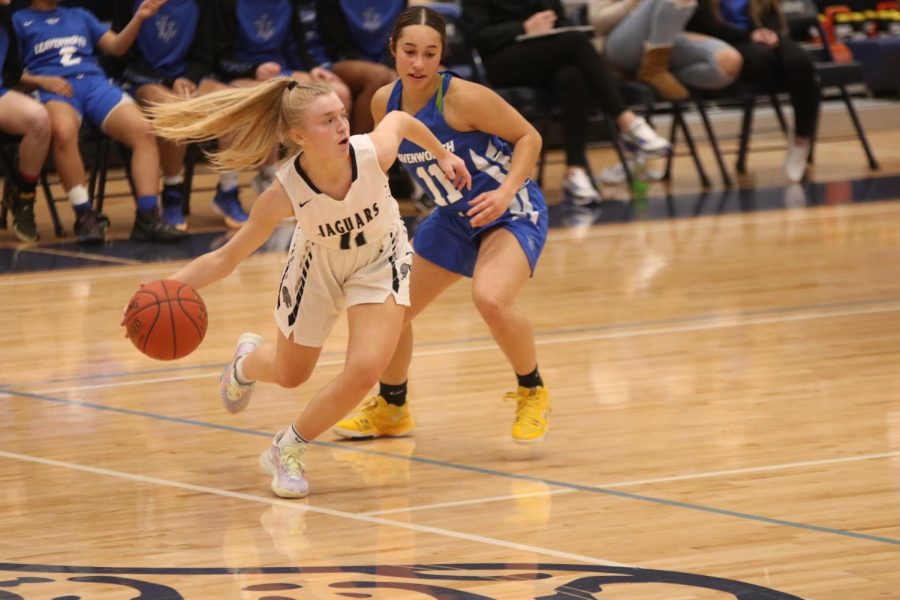 Dribbling past the other team, junior Sophie Pringle goes toward the basket.