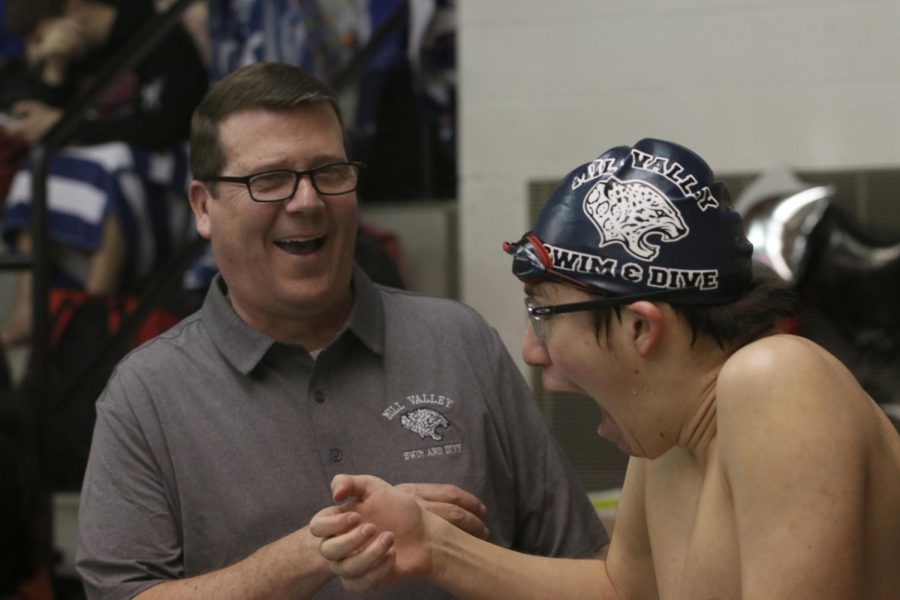 While watching the antics of sophomore Andre Arnold, head coach Dan Dervin cracks a smile Thursday, Jan. 27. 