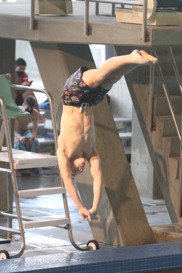 In the midst of a dive, sophomore Max Roh points his arm downwards in round one of the Shawnee Mission Dive Classic Friday, Jan. 21. 
