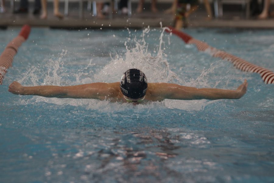 Arms out, junior Anthony Molinaro swims the butterfly leg in the 200-yard medley relay Thursday, Jan. 27. The team finished with a time of 1:50.72.
