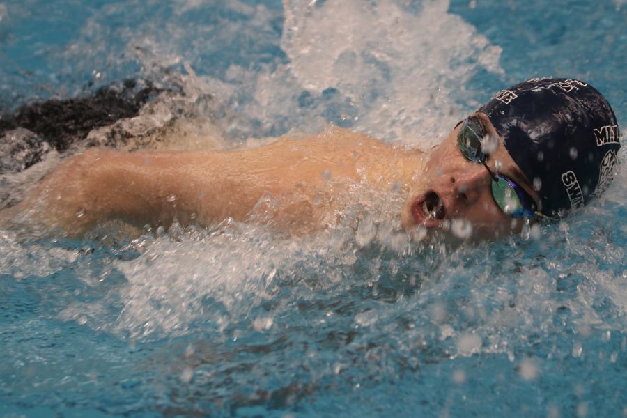 Warming up, junior Adam Budimlija decides to practice his freestyle stroke in preparation for his race.
