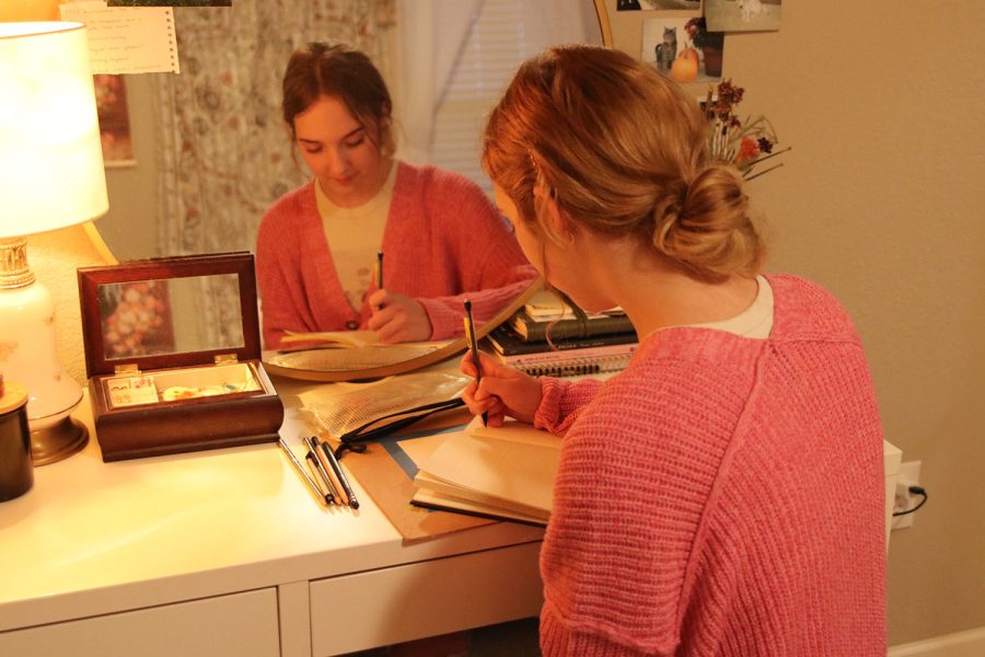 Sitting at her desk, senior Ashley Sagi writes in a journal. 