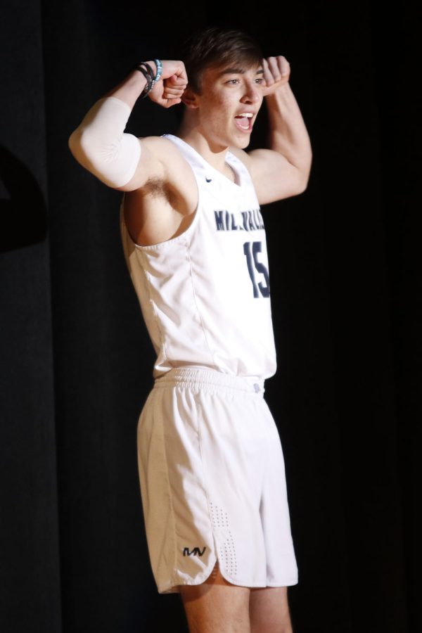 Flexing his muscles, junior Marko Skavo is introduced as Mr. Basketball.