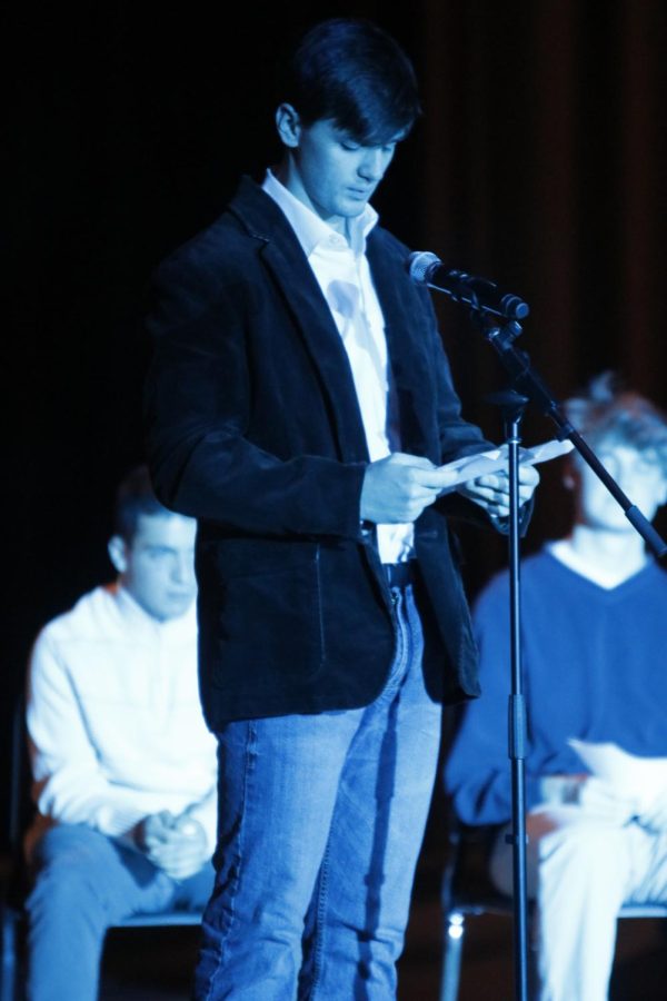 Senior Nick Brubeck performs his speech in front of the audience.