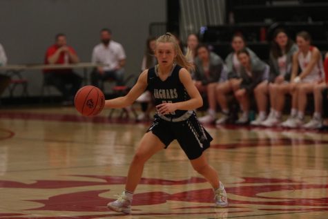 Dribbling down the court, junior Sophie Pringle goes to the basket Saturday, March 5 at Lansing High School.