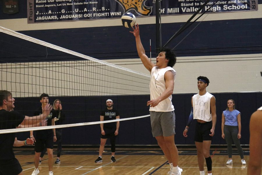 Reaching for the ball, senior Mason Johnston spikes the ball onto the other teams side.