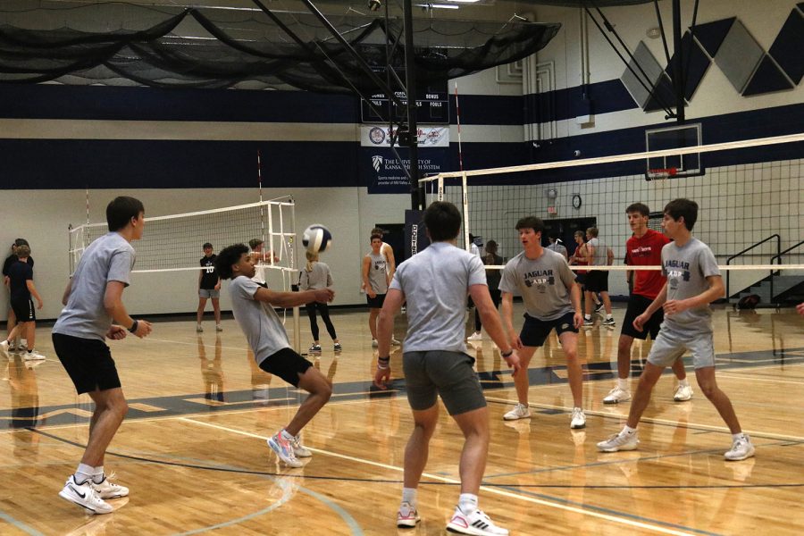 In the middle of hitting the ball, junior Jameson Fisher returns the ball over the net.