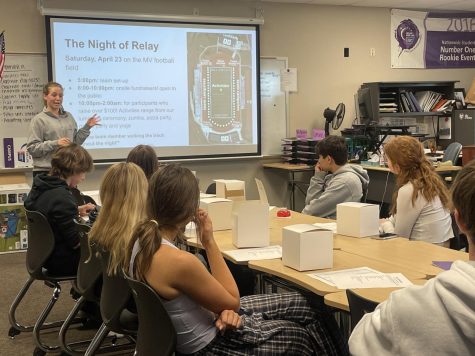 Listening to senior Damara Stevens’ presentation, some team captains participate in the meeting after school to prepare for the event Friday, April 8.