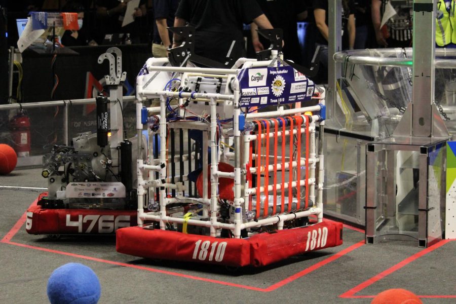 The teams robot, Drilbur, rests in the tarmac area before a qualification match Friday, April 1