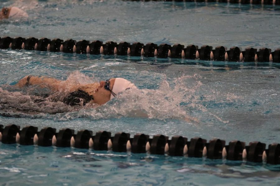 Junior Alayna Dill competes in the backstroke event at the swim meet, Thursday, April 28. 