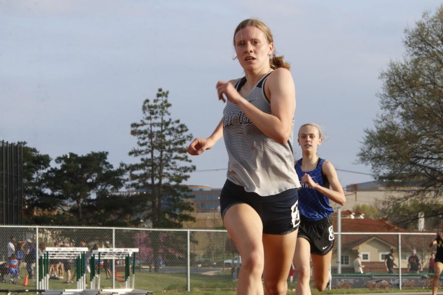 In third place, senior Katie Schwartzkopf secures her placing in the 800 meter race finishing with a time of 2:23 seconds.