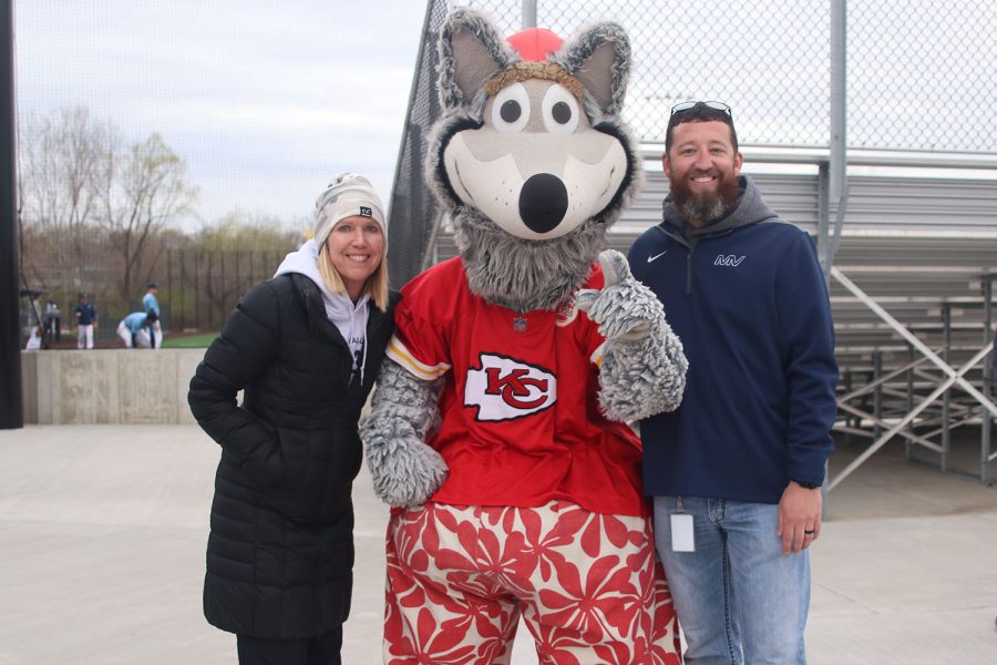 Administrators Marilyn Chrisler and Brent Bechard pose with KC Wolf during Tailgate Tuesday