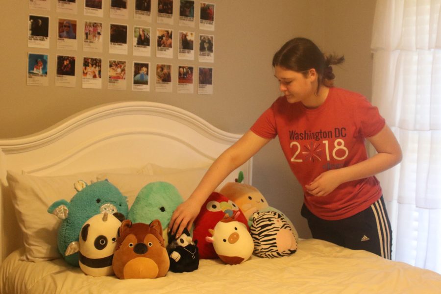 In her bedroom, sophomore Abby Warren rearranges her Squishmallow collection.
