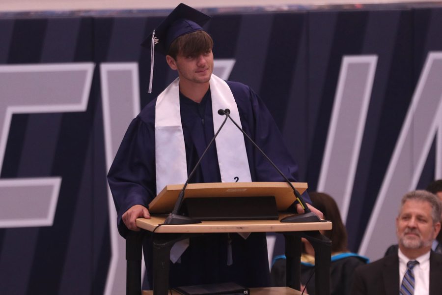 Looking into the crowd, senior Nick Brubeck gives his speech as senior class president. 