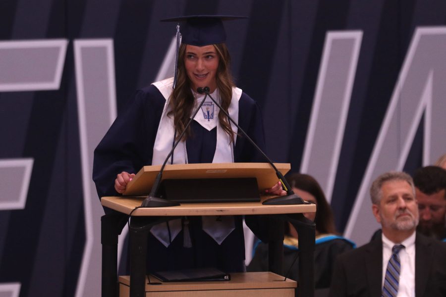 Student body president and senior Logan Pfeister gives her speech. 