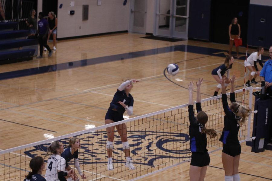 Soaring through the air, senior Madeline Schnepf hits the ball over the net.
